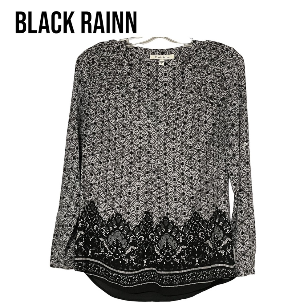 Black Rainn LACE PRINT BOHO BLOUSE Long Sleeve Roll Tab BLACK WHITE Small EUC